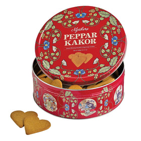 Nyakers Swedish Ginger Cookies in a red tin, front view, perfect for gifting and sharing.