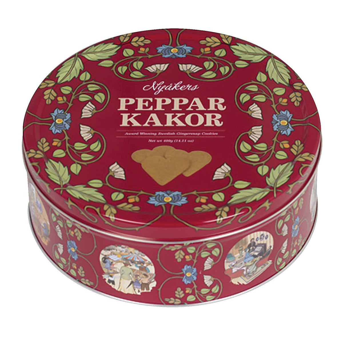 Nyakers Swedish Ginger Cookies red tin packaging showcases snack-ready cookies.