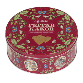Nyakers Swedish Ginger Cookies red tin packaging showcases snack-ready cookies.