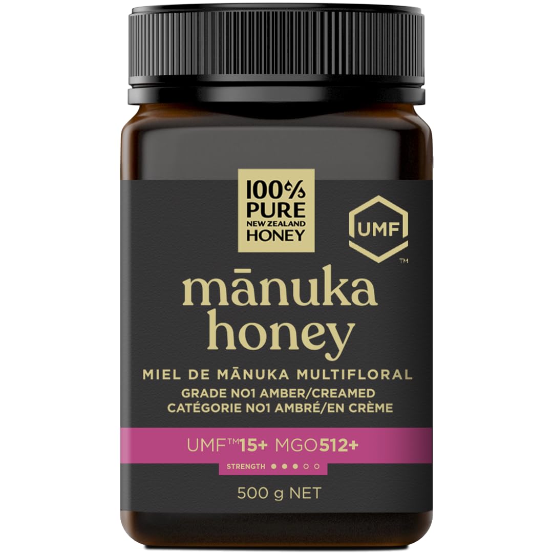 100% Pure New Zealand Honey Manuka UMF15 bottle highlights premium quality.