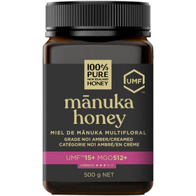 100% Pure New Zealand Honey Manuka UMF15 bottle highlights premium quality.