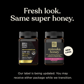 100% Pure New Zealand Honey Manuka UMF15 label close-up confirms authenticity.