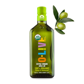 O-Live & Co. first cold pressed olive oil bottle highlighting premium flavor and freshness.