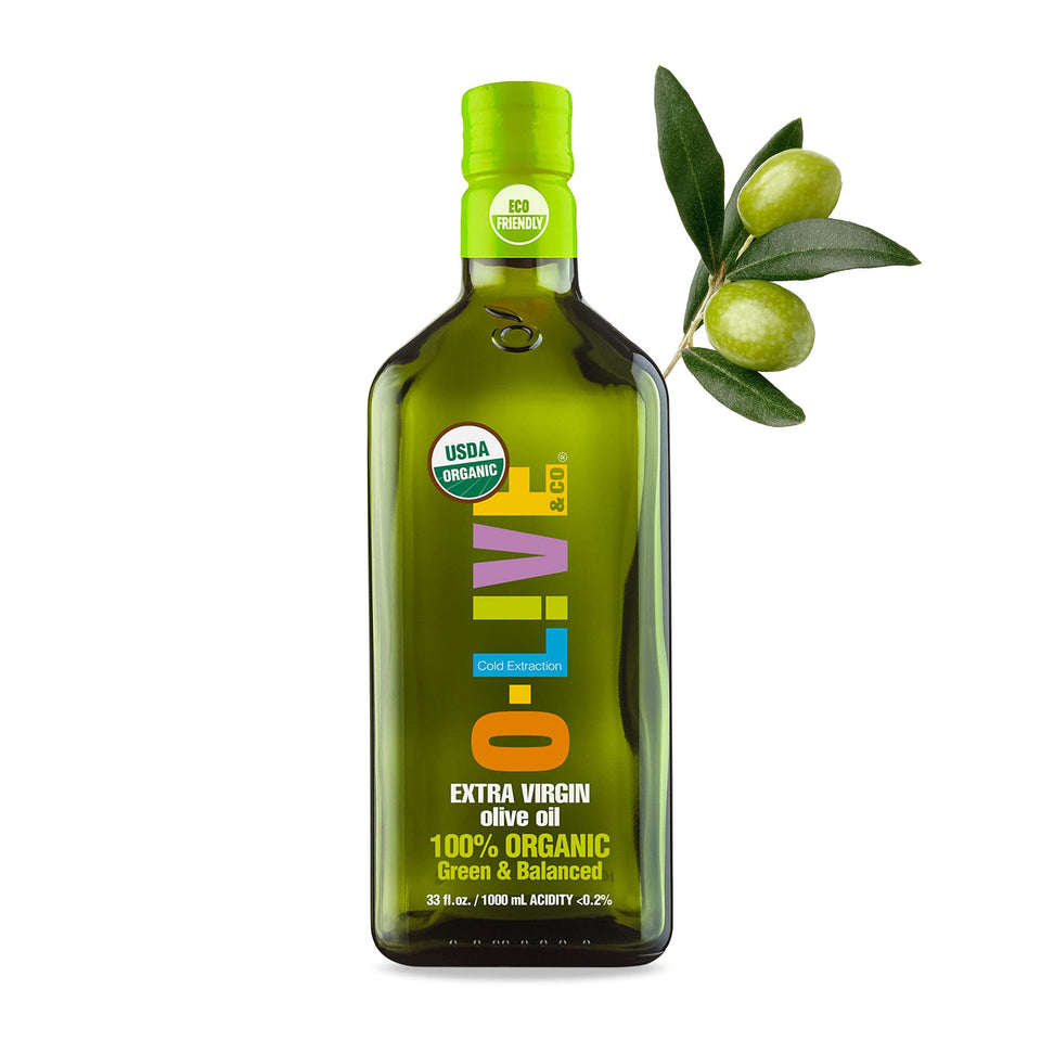 O-Live & Co. first cold pressed olive oil bottle highlighting premium flavor and freshness.