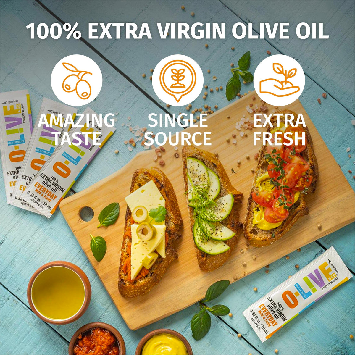 O-Live & Co. olive oil dressing idea image, versatile for salads and dipping.