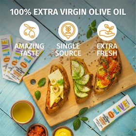 O-Live & Co. olive oil dressing idea image, versatile for salads and dipping.