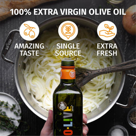 O-Live & Co. polyphenol rich olive oil flowing over greens.
