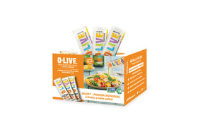 O-Live & Co. premium EVOO sachet pack front, travel-ready freshness for meals on the go.