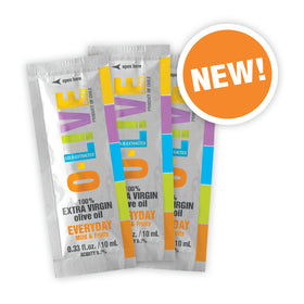 O-Live & Co. single-serve olive oil sachet closeup, mess-free portion control for lunches.