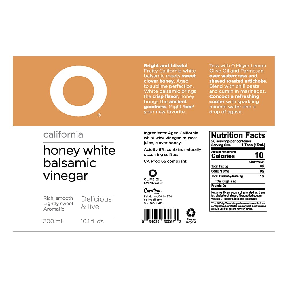 O Olive Oil California Honey White Balsamic glass-dressing ideas invites flavorful meals