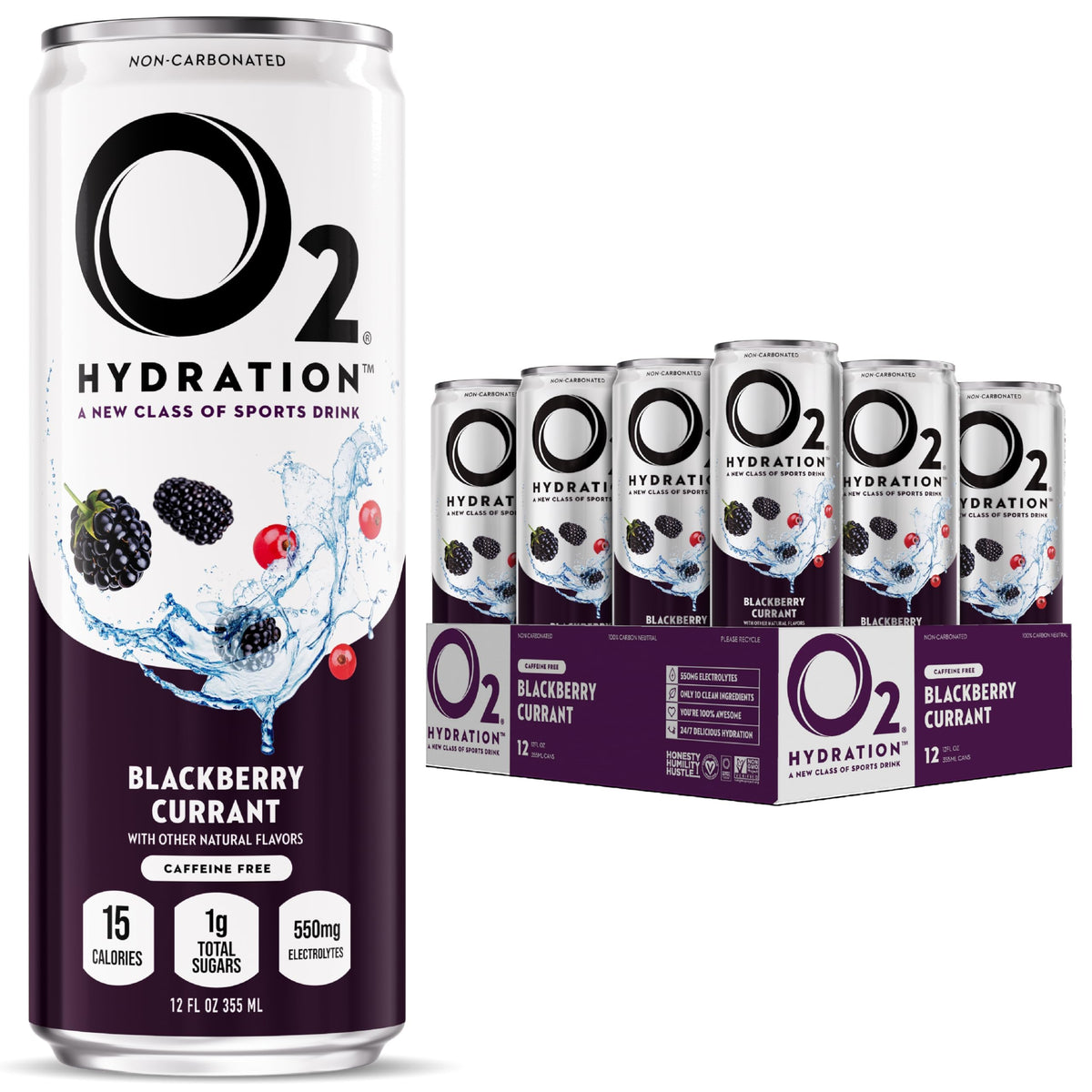 O2 Blackberry Currant bottle highlights a balanced electrolyte drink for active daily hydration.