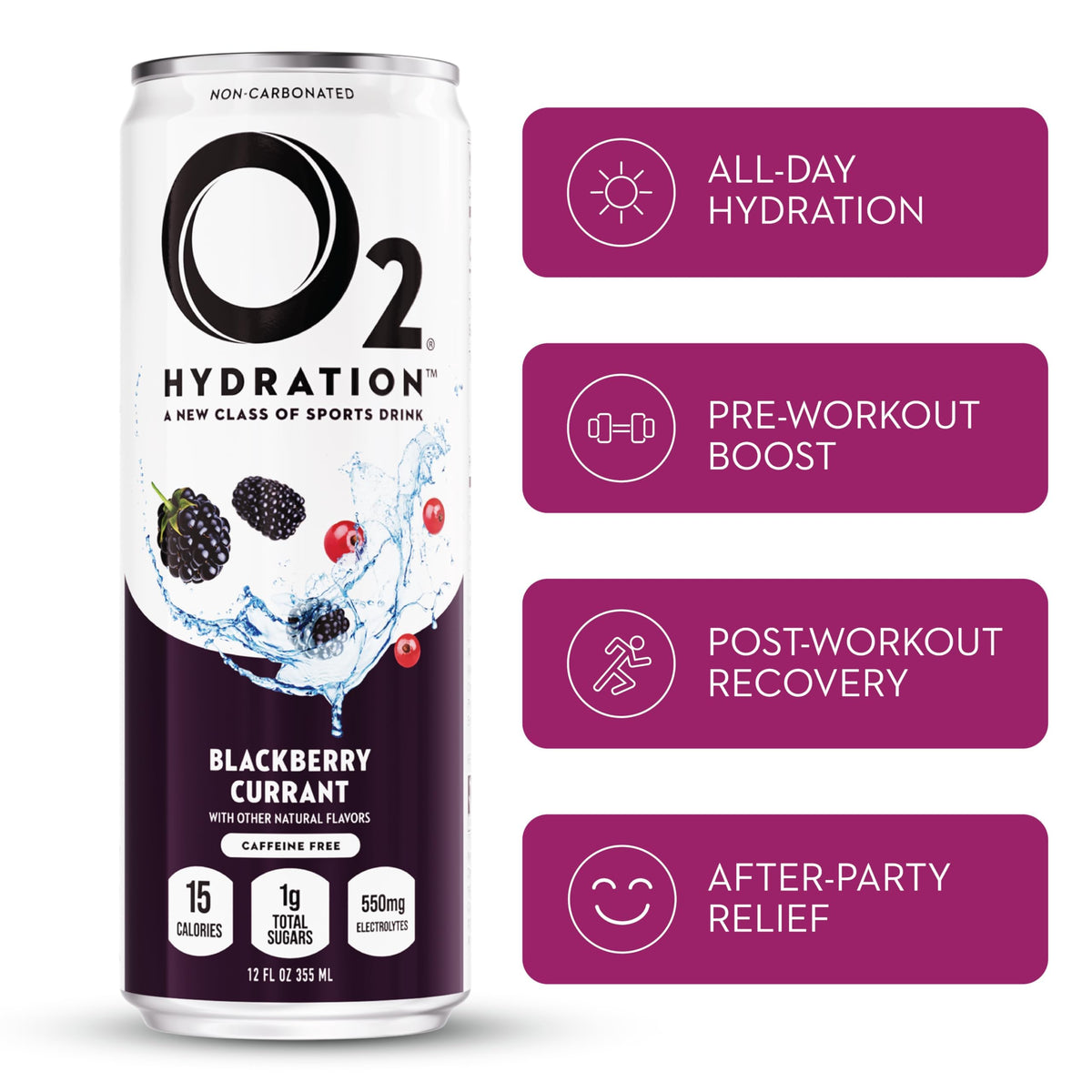 O2 Blackberry Currant label closeup emphasizes clean ingredients and monk fruit sweetness.