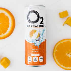 O2 Orange Mango post-workout recovery can, refreshing hydration after training.