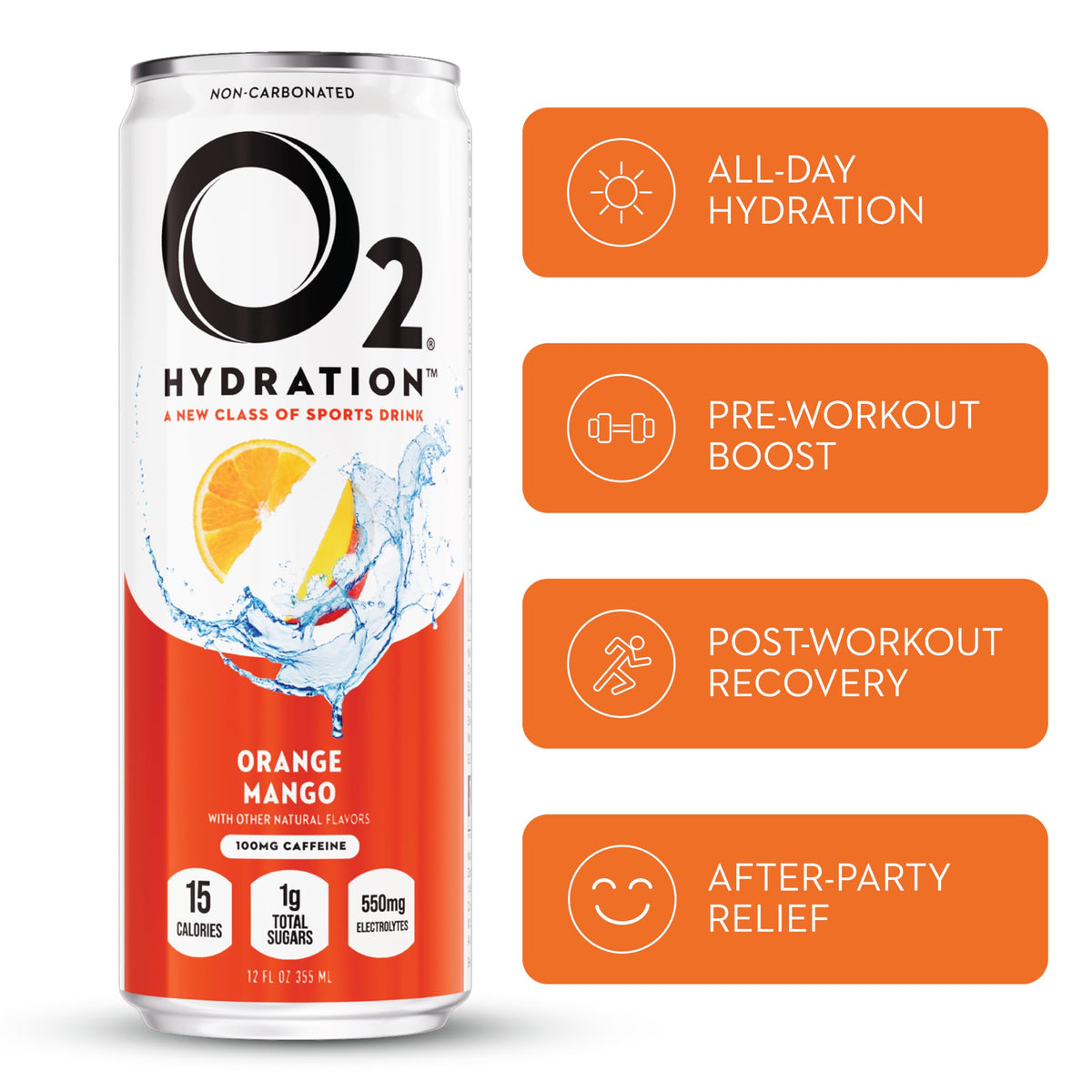 O2 Orange Mango post-workout recovery can being poured for quick hydration after workouts.