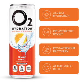 O2 Orange Mango post-workout recovery can being poured for quick hydration after workouts.
