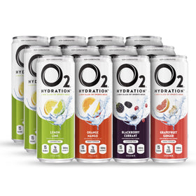 O2 Oxygenated Sports Recovery Drink variety-pack cans deliver convenient post-workout hydration.