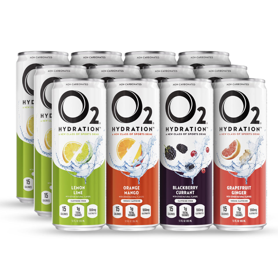 O2 Oxygenated Sports Recovery Drink variety-pack cans deliver convenient post-workout hydration.
