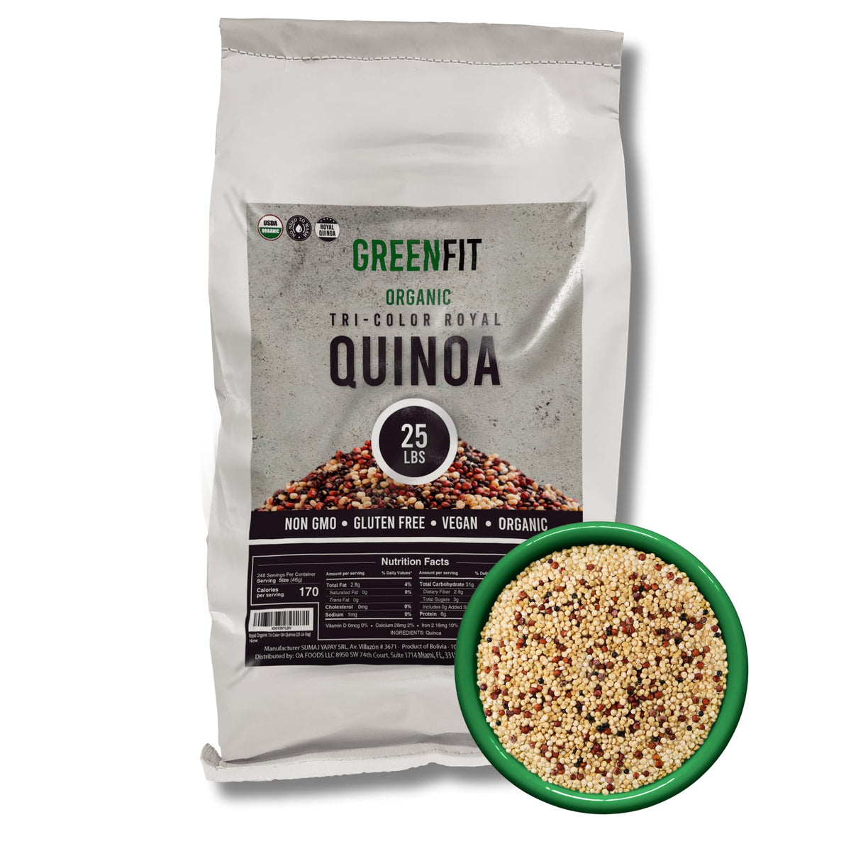 OA QUINOA Greenfit Royal quinoa bag showing premium tri-color grains for a healthy pantry.