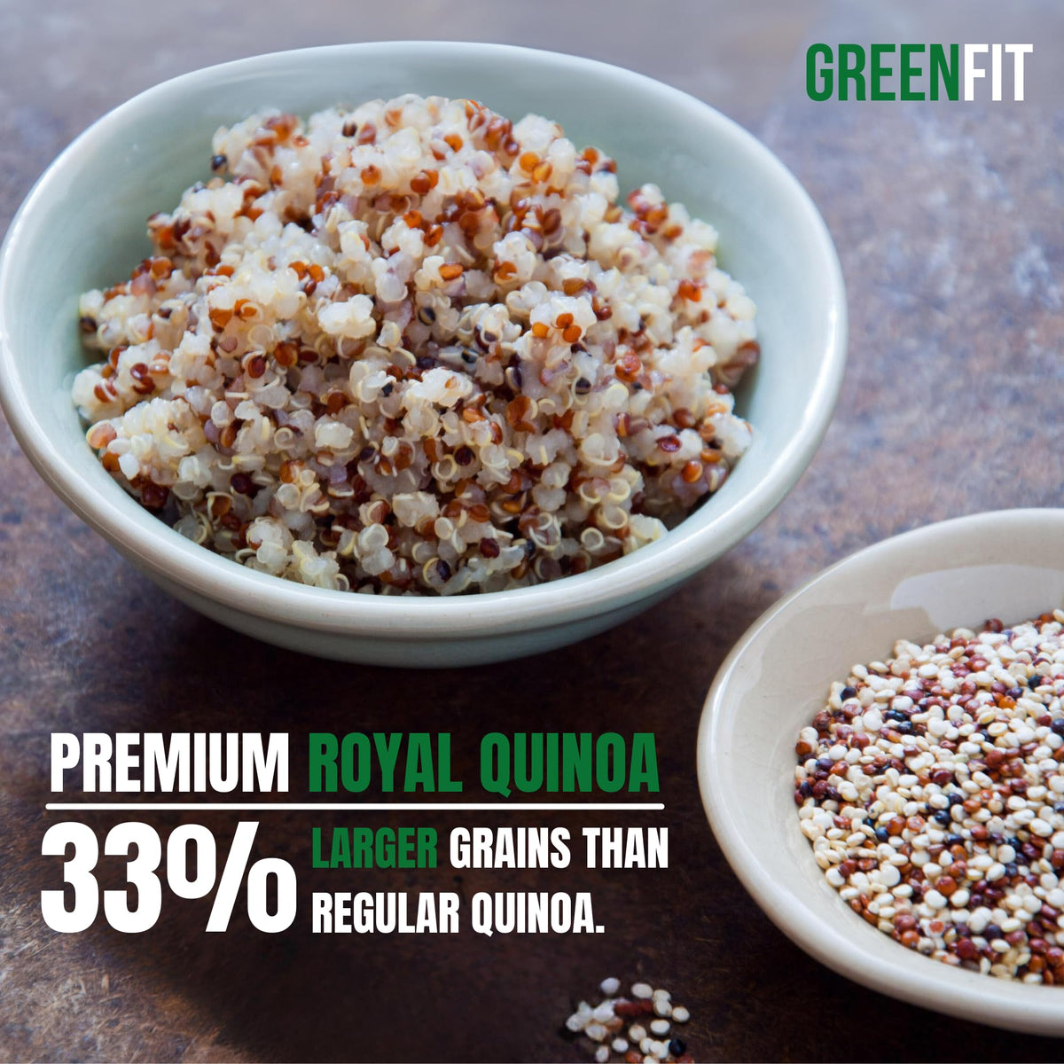OA QUINOA Greenfit Royal quinoa nutrition label highlights protein and fiber.