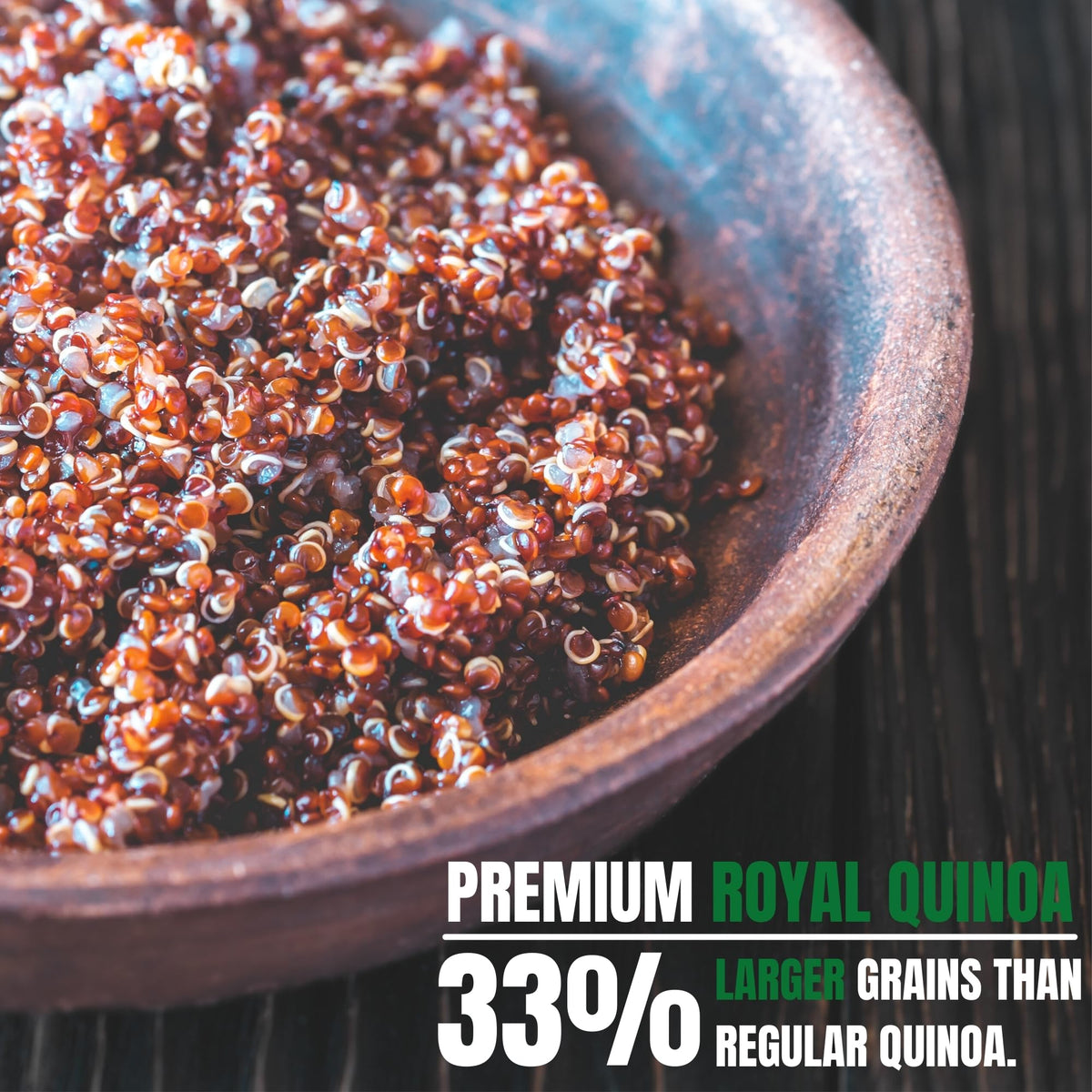 Close-up of Greenfit Royal Red Quinoa nutrition emphasizing high fiber and minerals