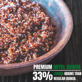 Close-up of Greenfit Royal Red Quinoa nutrition emphasizing high fiber and minerals