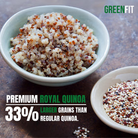 OA QUINOA Greenfit Royal Tri-Color Quinoa nutrition panel highlights protein, fiber, and minerals