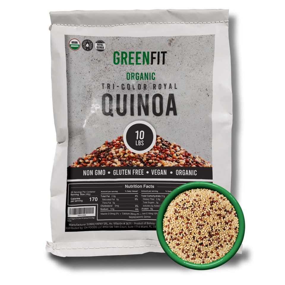 OA QUINOA Greenfit Royal Tri-Color Quinoa front pack showing premium organic grains for versatile meals