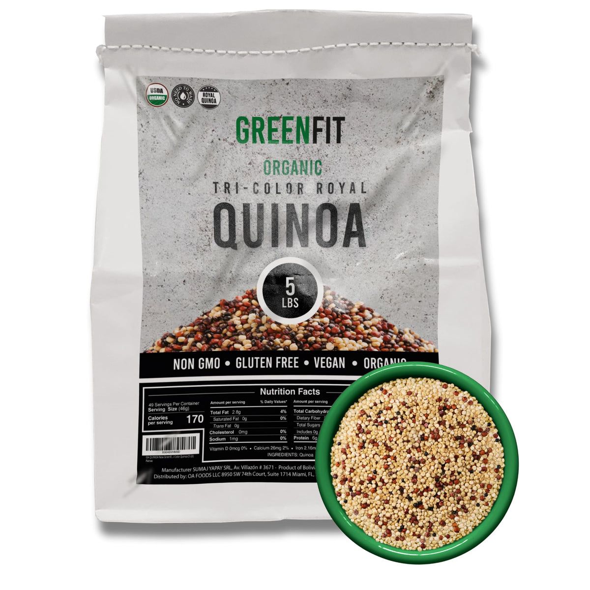 OA QUINOA Now Greenfit bottle closeup showing premium packaging and freshness