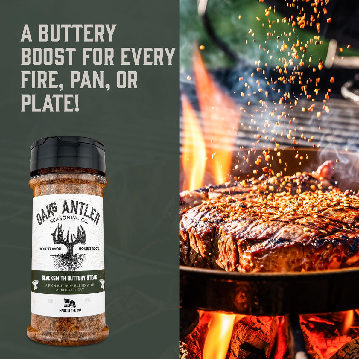 Oak & Antler Blacksmith Buttery Steak Rub on beef roast, lamb, venison for bold flavor.