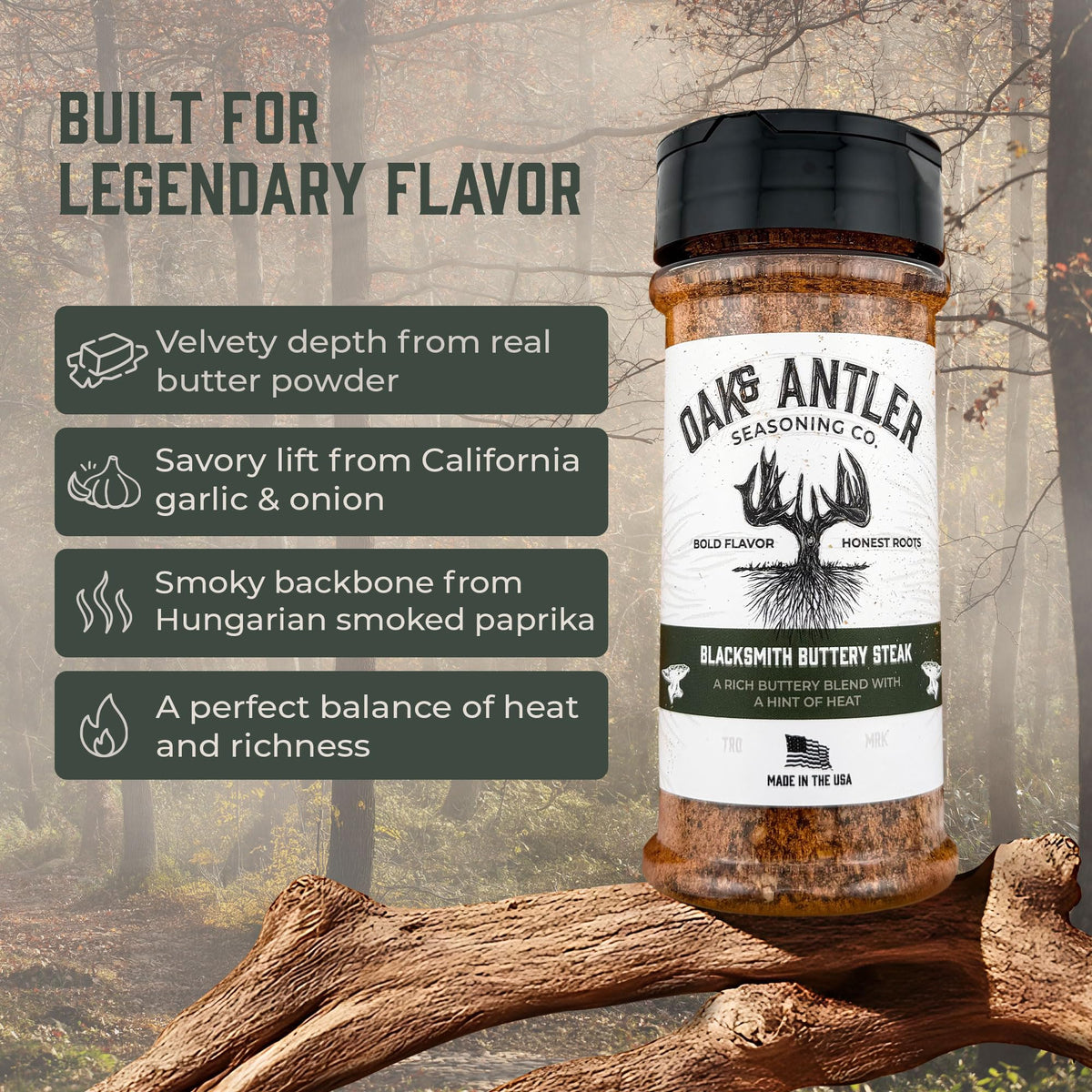 Oak & Antler Blacksmith Buttery Steak Rub garlic and paprika dust on beef.