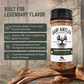 Oak & Antler Blacksmith Buttery Steak Rub garlic and paprika dust on beef.