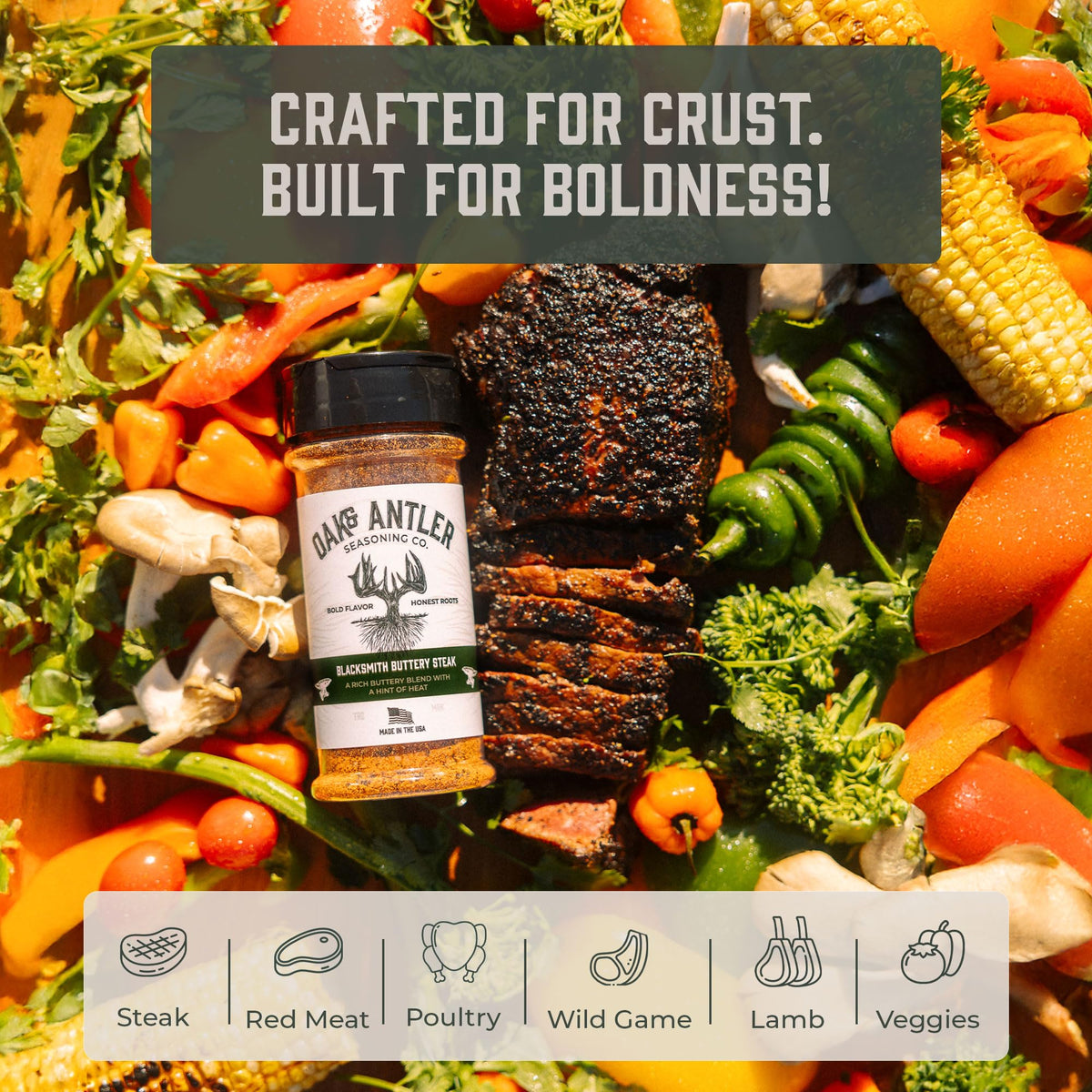 Oak & Antler Blacksmith Buttery Steak Rub on grill vegetables for savory balance.
