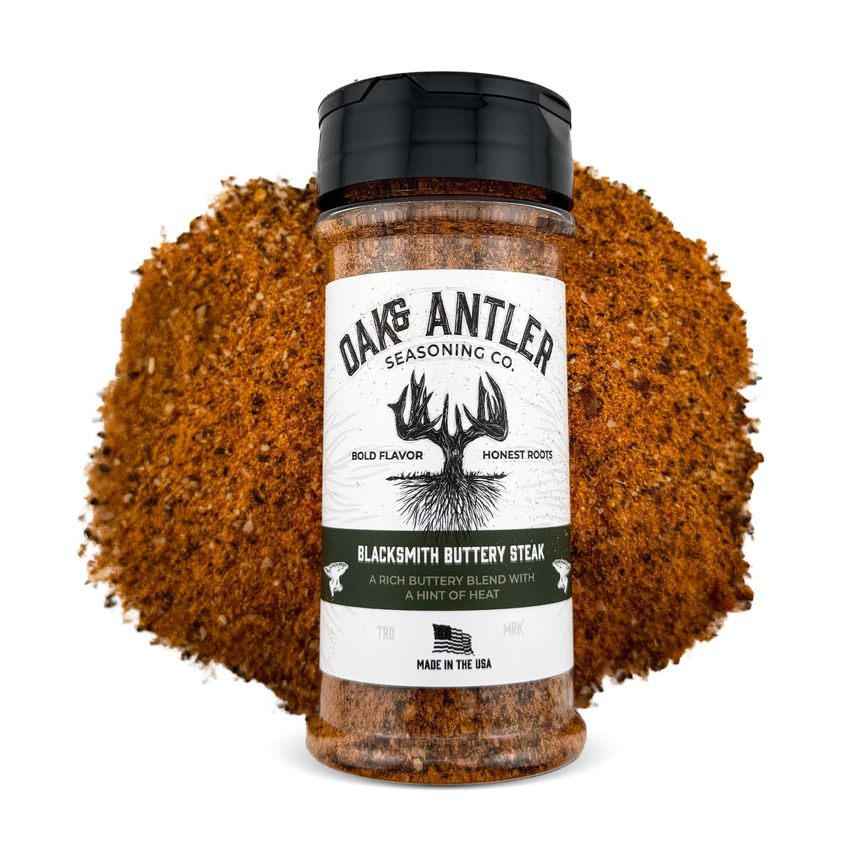 Oak & Antler Blacksmith Buttery Steak Rub packshot for premium beef flavor.