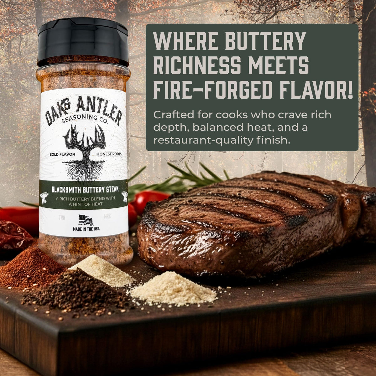 Oak & Antler Blacksmith Buttery Steak Rub seared steak close-up with garlic butter finish.