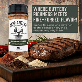 Oak & Antler Blacksmith Buttery Steak Rub seared steak close-up with garlic butter finish.