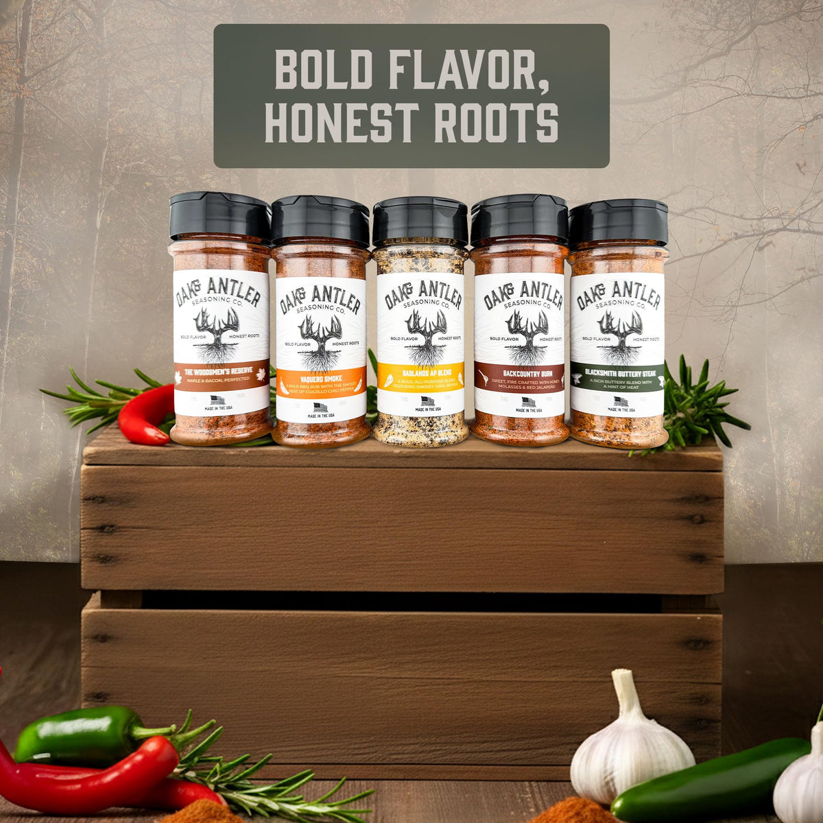 Oak & Antler Blacksmith Buttery Steak Rub jar label highlights small-batch quality.
