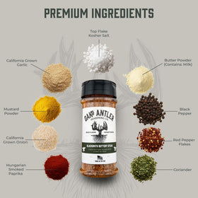Oak & Antler Blacksmith Buttery Steak Rub texture close-up shows coarse salt and paprika.