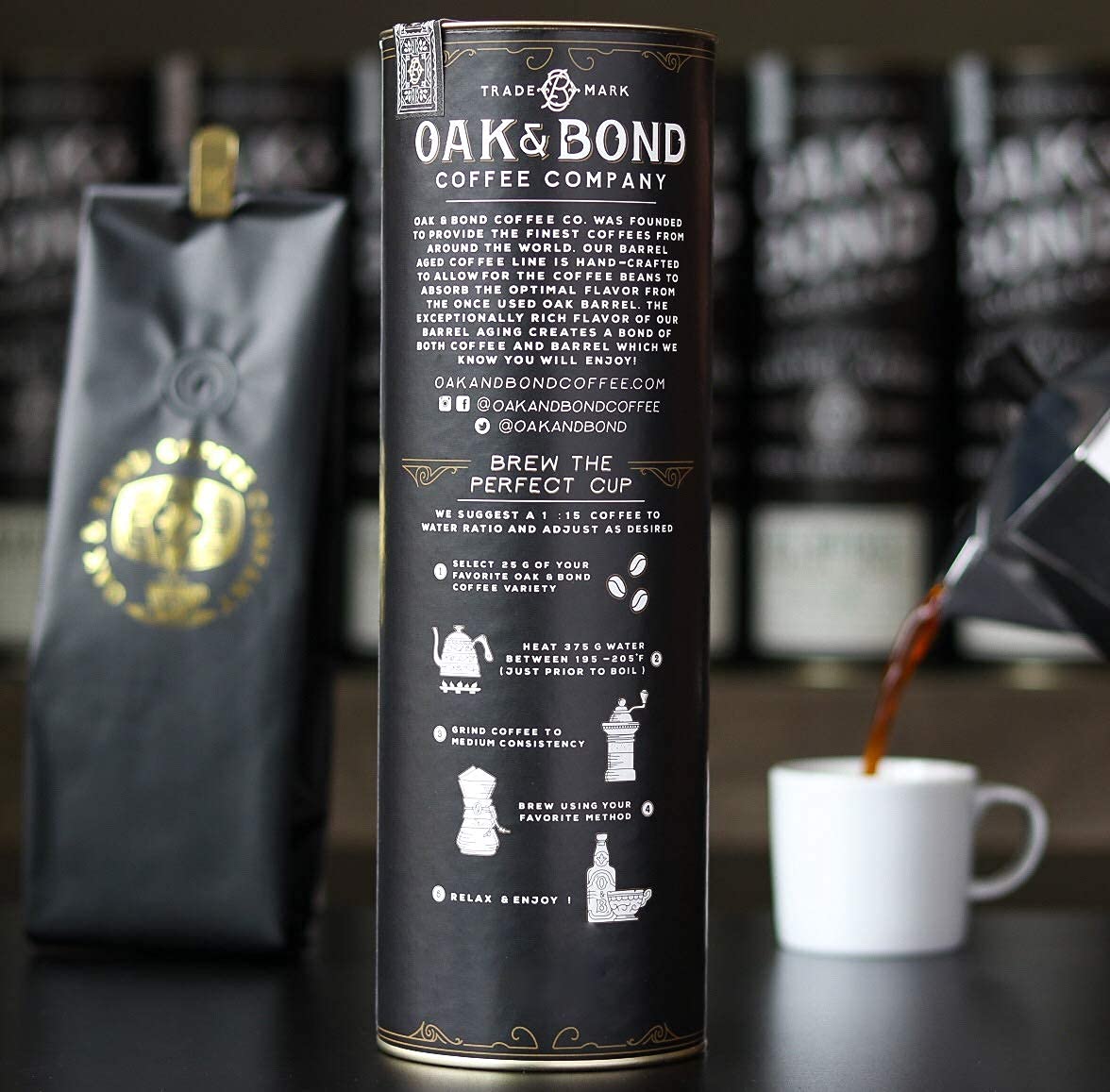 Oak & Bond coffee cup with chocolate and black cherry notes enhances morning rituals.