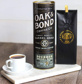 Oak & Bond Colombia Brazil dark roast beans closeup, offering bold flavor and smooth finish.