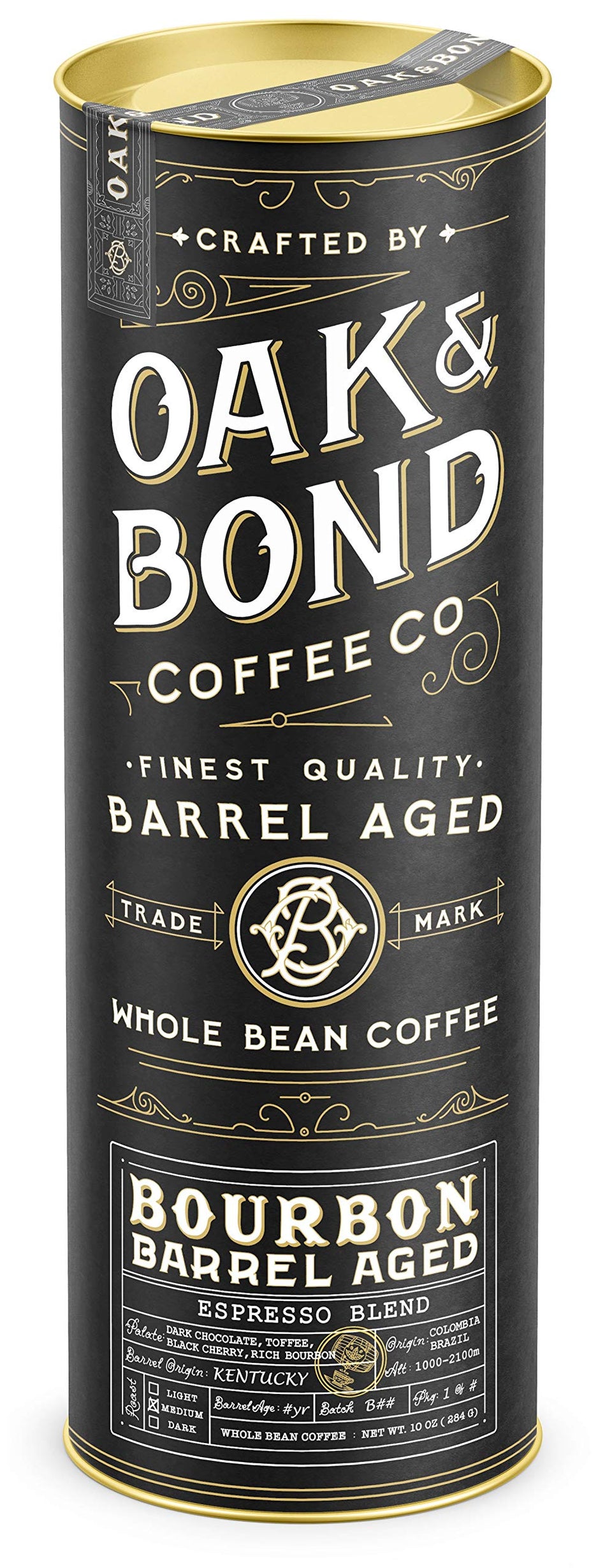 Oak & Bond Espresso Bourbon Barrel-Aged Coffee pack with oak notes for a refined morning ritual.