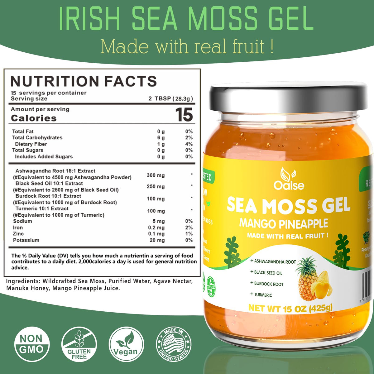 OALSE sea moss gel mango flavor highlights tropical sweetness for bowls.