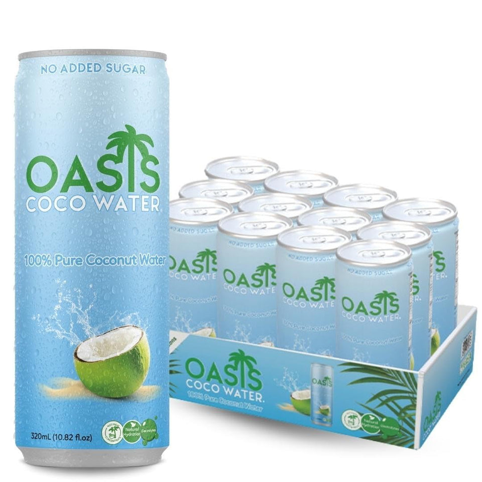 Oasis Coco Water 12-pack cans for convenient daily hydration.