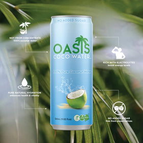 Oasis Coco Water can label shows 100% coconut water and electrolytes.