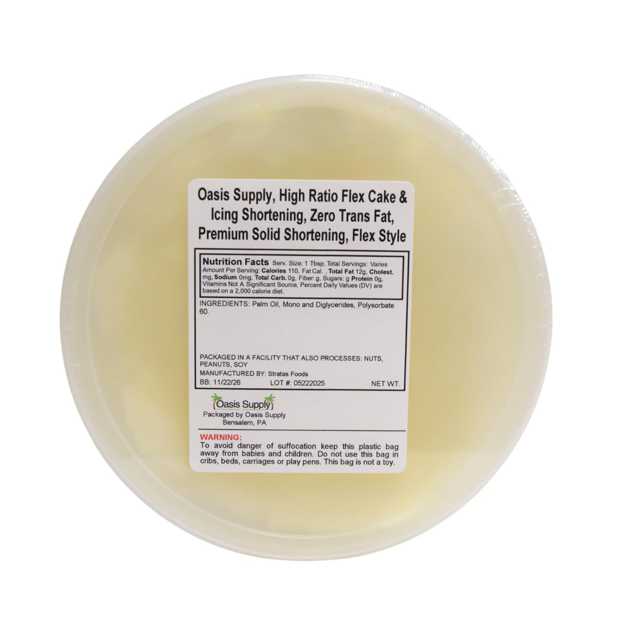 Oasis Supply Flex Cake Shortening tub closeup highlights premium solid formula for high-ratio cakes.
