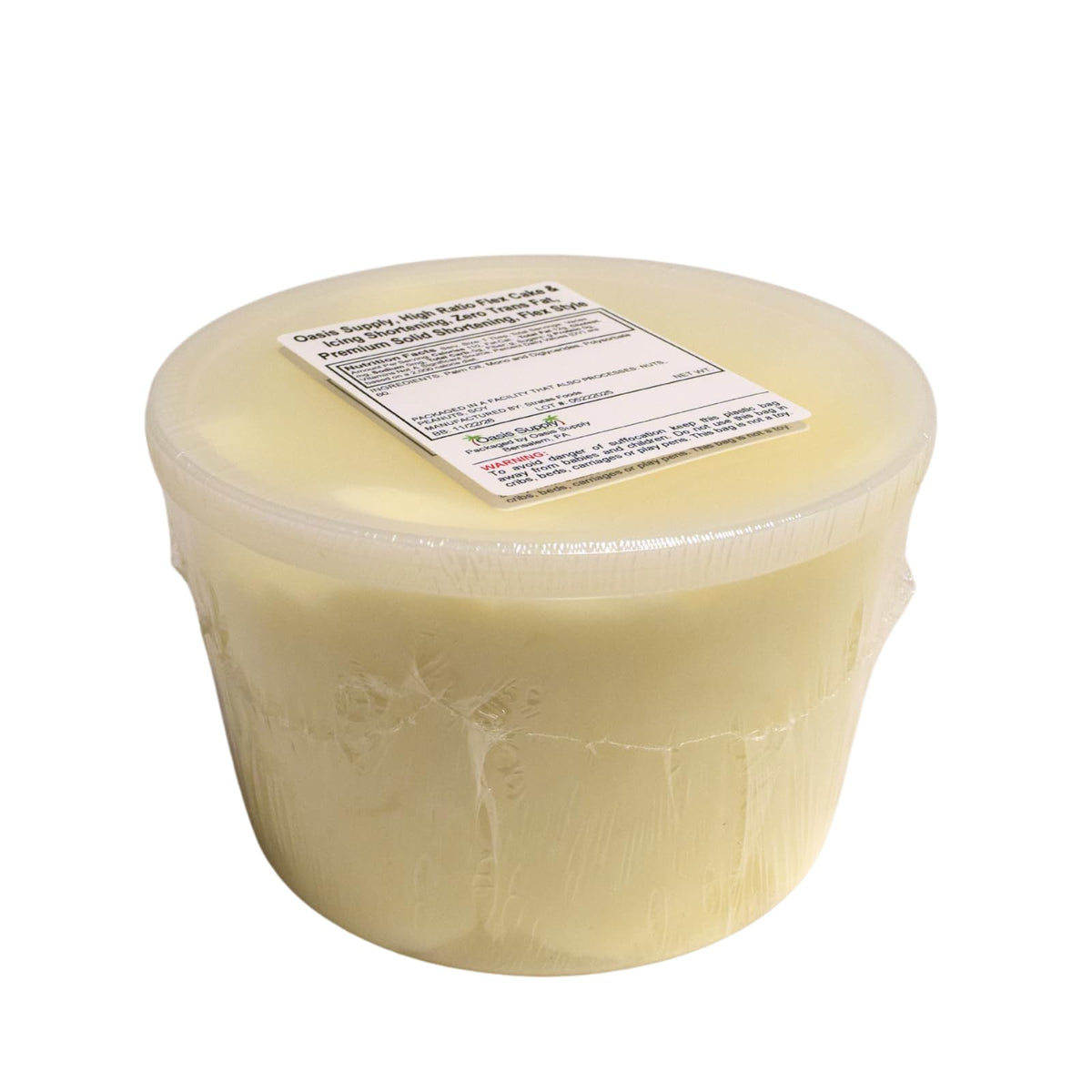 Oasis Supply Zero Trans Fat shortening ingredients label emphasizes healthier baking options.