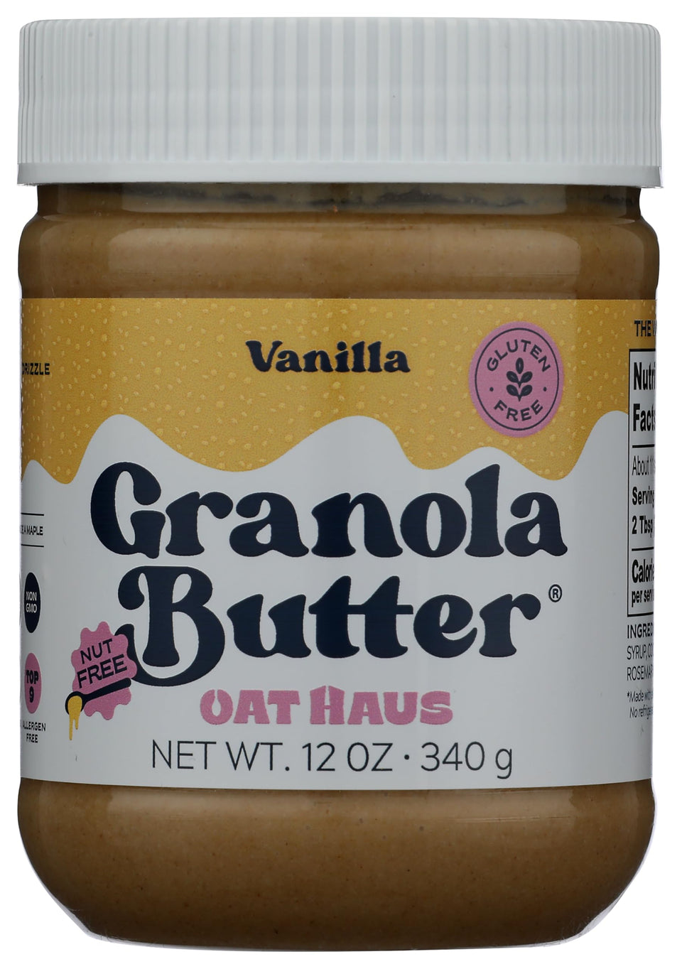 Oat Haus Butter Grnla Van No Stir bottle on counter, convenient no-stir vanilla flavor for quick recipes.