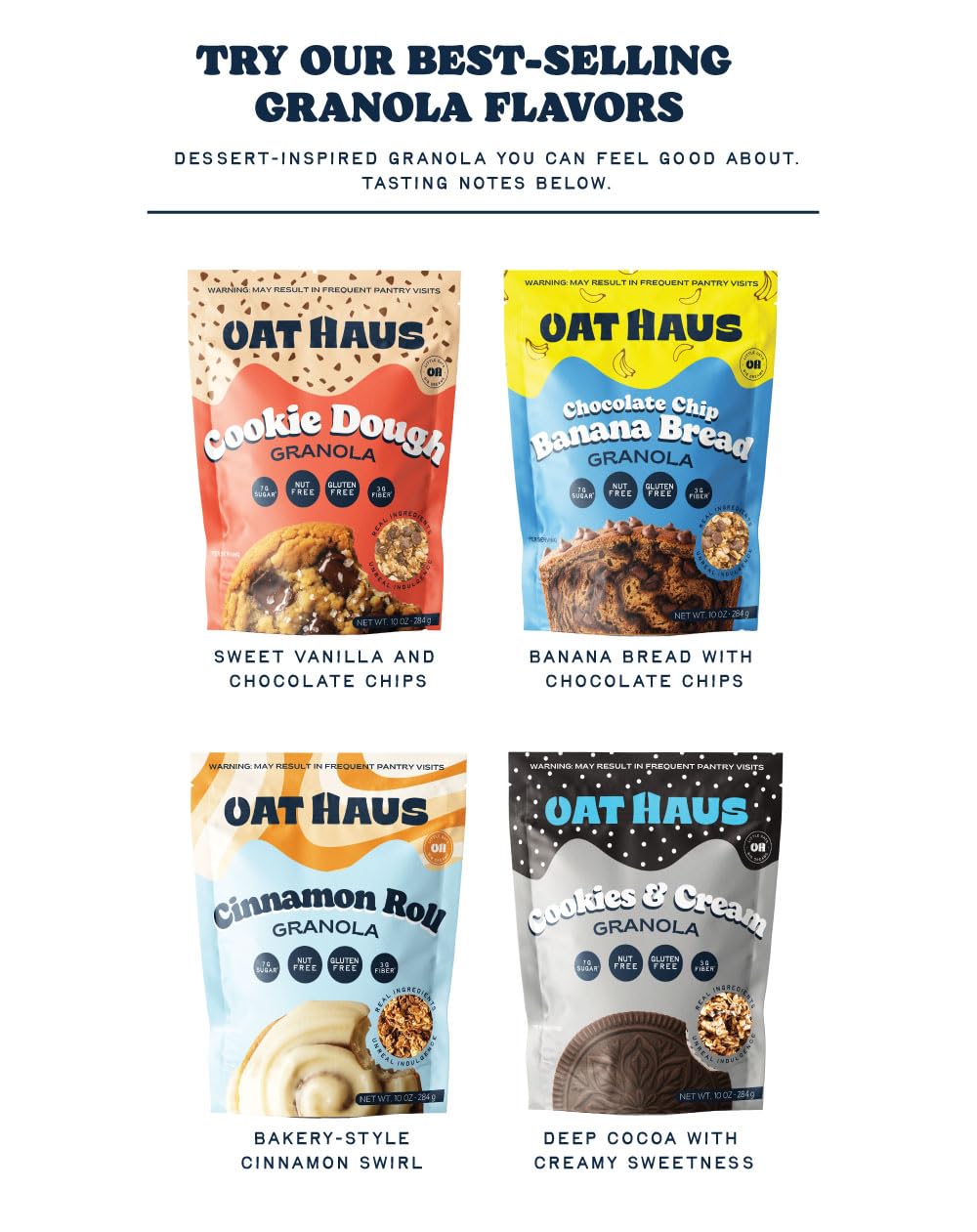 Oat Haus granola chocolate chip banana bread bag highlights warm banana bread flavors and chips.
