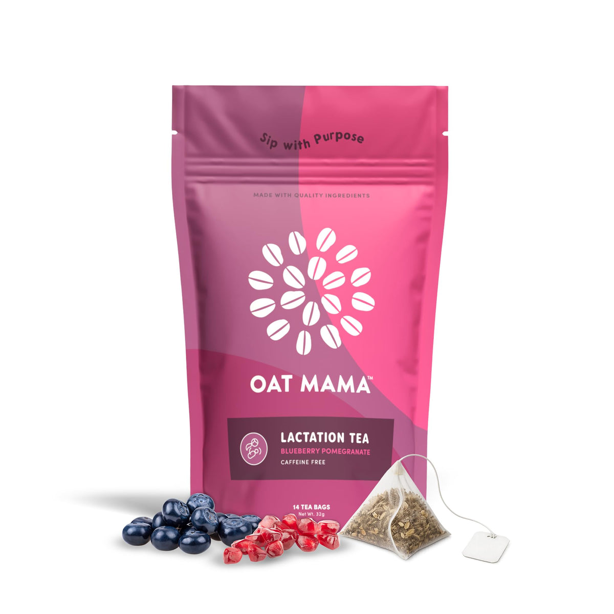 Oat Mama blueberry-pomegranate tea bag ready to brew for lactation support