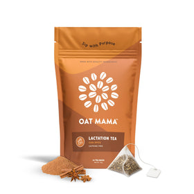 Oat Mama Flavored Lactation Tea front label evokes chai warmth for cozy mornings.
