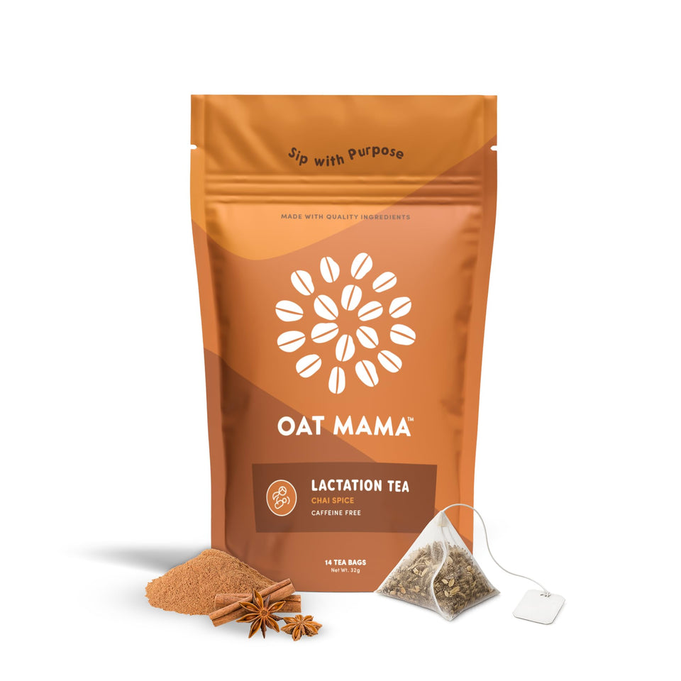 Oat Mama Flavored Lactation Tea front label evokes chai warmth for cozy mornings.